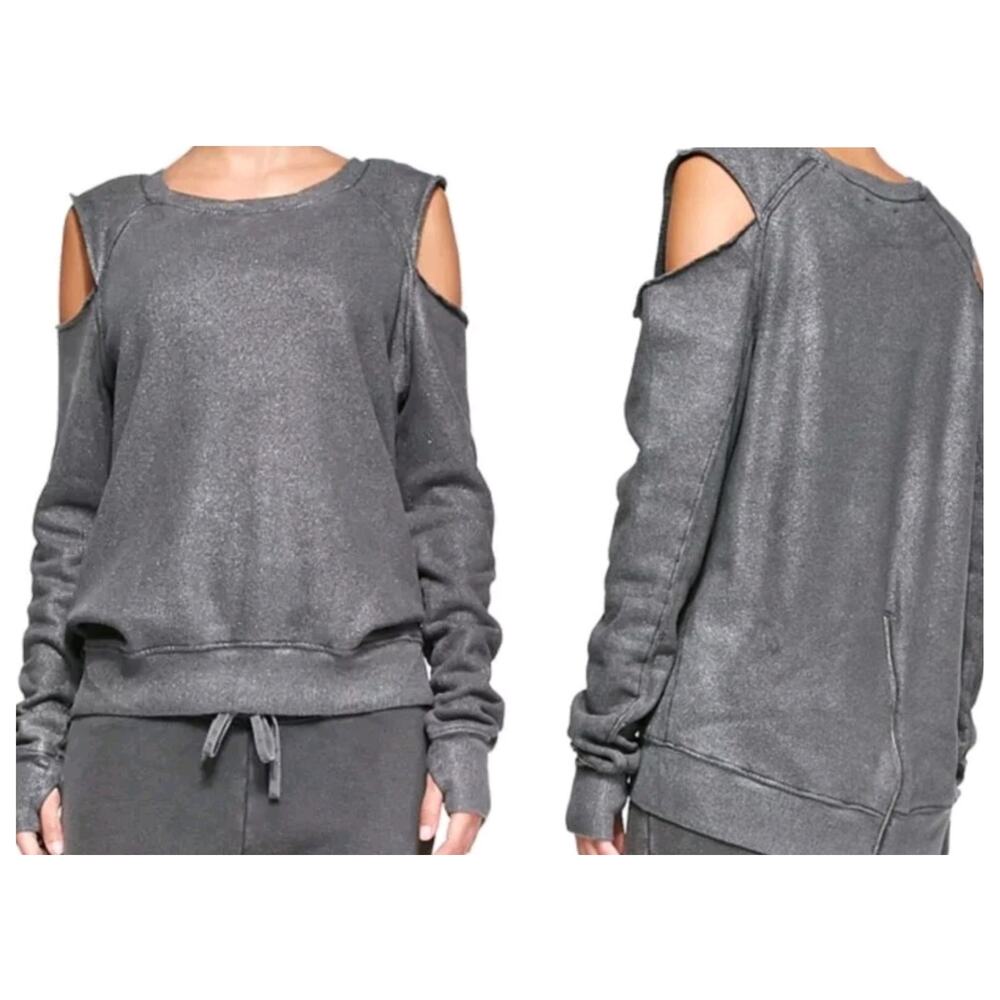 Pam & Gela Metallic Cold Shoulder Oversized Slouchy Sweatshirt Large Gray Sexy